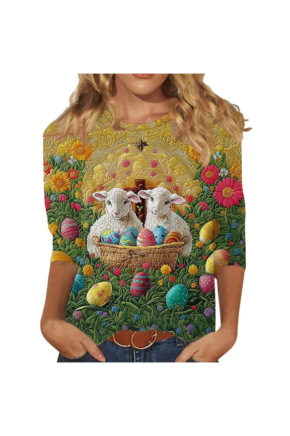 Womens Blouses New Easter Printed Round Neck Pullover 3/4 Sleeve Casual Tops