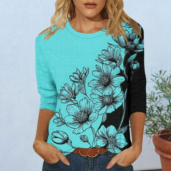Njagoc3 Womens Blue Floral Patchwork Crew-Neck Top, Lightweight Rayon, 3/4 Sleeves, Summer Coastal Vacations, Beach Walks & Casual Errands