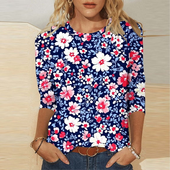 Njagoc3 Womens V - Neck 3/4 Sleeve Tunic, Ditsy Floral Print & Light Fabric, Versatile for Summer Picnics & Shopping Trips