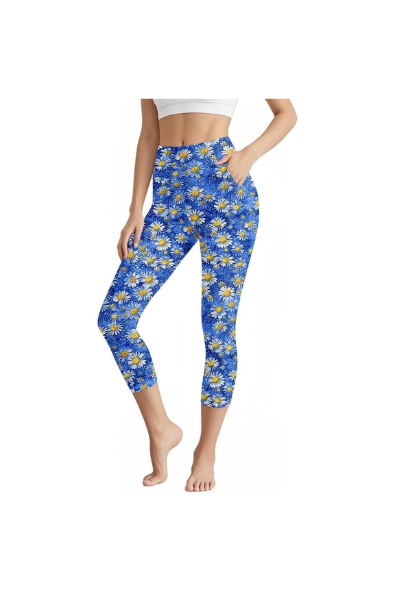 Womens Blue Pineapple Print Yoga Capris, High Waist, Stretchy Fabric, Casual Summer Workout & Beach Wear