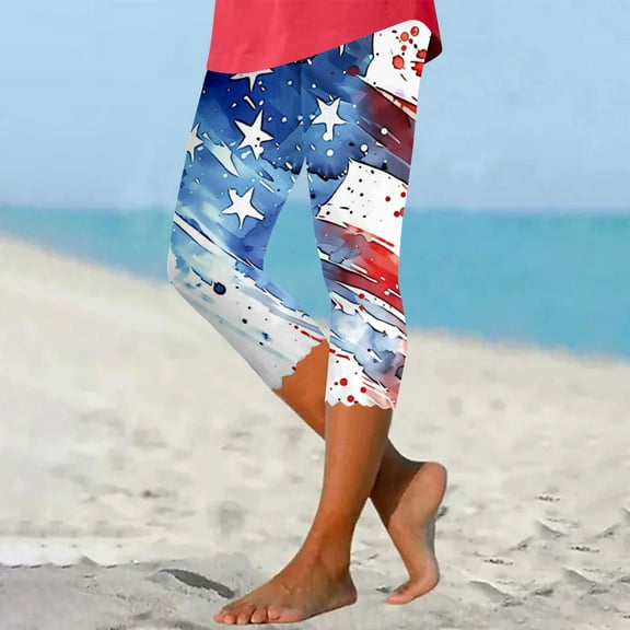 Njagoc3 Womens Blue & White Star - Spangled Beach Capris, Loose Fit, Breathable Fabric, Casual Summer Beach & Cruise Wear