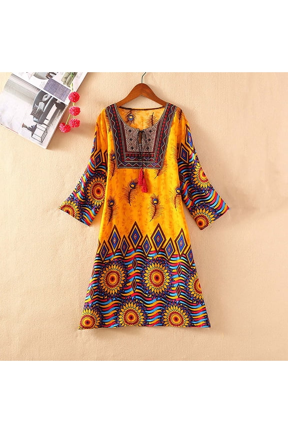 Womens Boho Printed Midi Dress, Flared Sleeves for Summer Festival & Vacation
