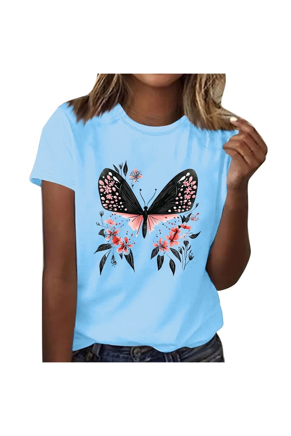 Womens Butterfly Print T-Shirt Colorful Insect Design Round Neck Short Sleeve Top Black Light Blue Dark Blue Pink White Wine Gray Khaki Green Army Green