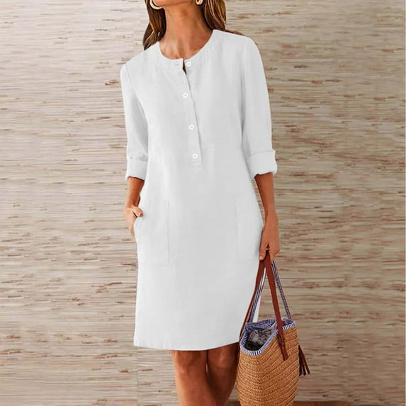 Njagoc3 Womens Button - Front Shirt Dress, 3/4 Sleeves, Solid Color, Classic for Summer Casual Work & Weekend Trips