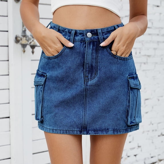Njagoc3 Womens Cargo Denim Mini Skirt, High - Waisted, Pocket Details, Solid Color for Summer Casual Outings & Streetwear Looks