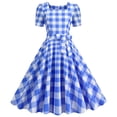 thumbnail image 1 of Njagoc3 Womens Casual Chic Plaid Print Short Sleeve Square Neck Bow Tie Waist A-Line Dress, 1 of 5