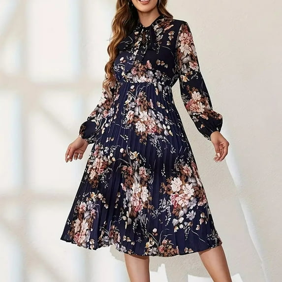 Njagoc3 Womens Casual Color Printed Bow Tie Tied Long Sleeved Design With A High Neck Stand Up Collar And Waist Cinching Temperament Dress 2025