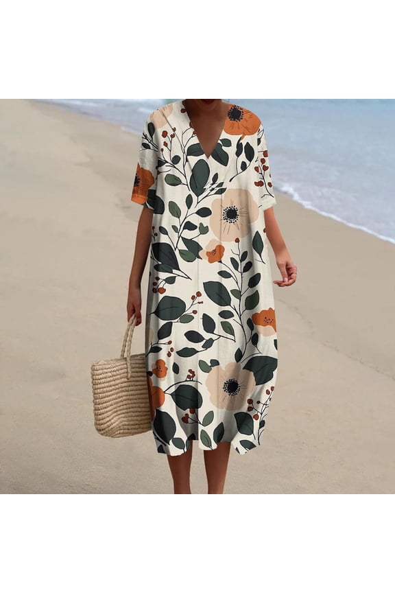 Womens Casual Rayon Floral Loose Short Sleeve Boat Neck Side-Pocket Summer Dress Summer