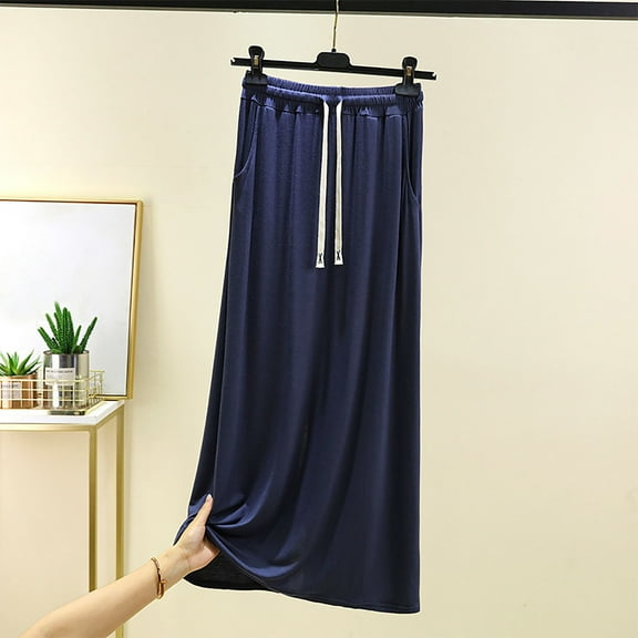 Njagoc3 Womens Casual Solid Color Modal Thin Pocket Drawstring Bottom Skirt Aline Skirt Half Length Nightgown