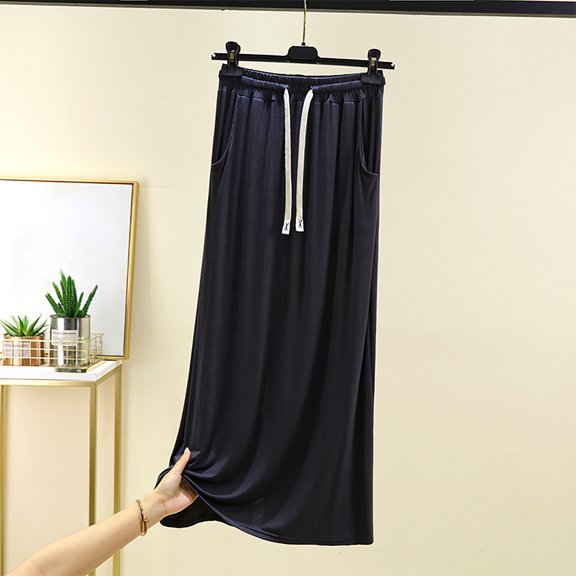 Njagoc3 Womens Casual Solid Color Modal Thin Pocket Drawstring Bottom Skirt Aline Skirt Half Length Nightgown