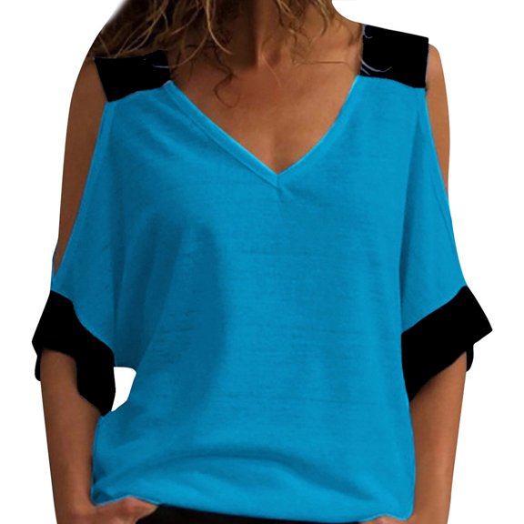 Njagoc3 Womens Casual Summer Off-Shoulder Blouse with V-Neck and Asymmetric Sleeves Lightweight Breathable for Everyday