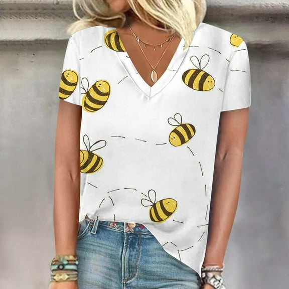 Njagoc3 Womens Chic Honeybee Print Round Neck Short Sleeve Blouse - Trendy and Nature - Inspired