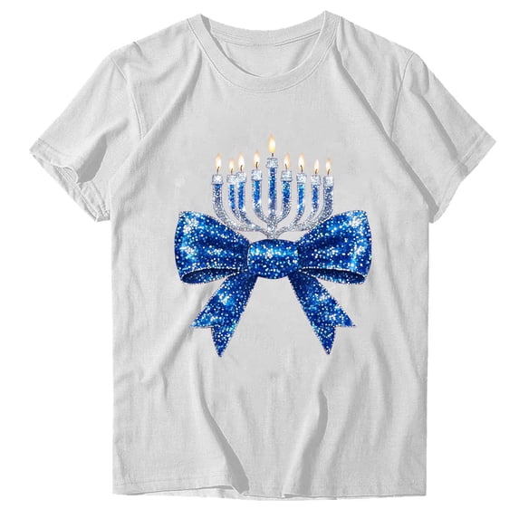 Njagoc3 Womens Classic Hanukkah Menorah T-Shirt - Soft Blue & White Jewish Festival Crewneck (Everyday Comfort)