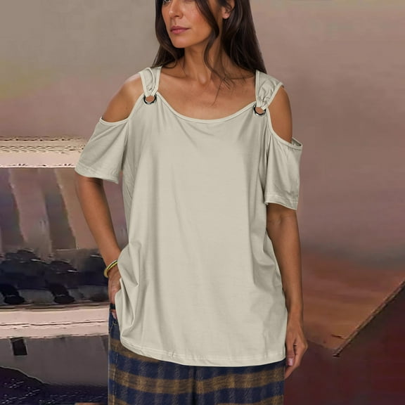 Njagoc3 Womens Cold Shoulder Short Sleeve Top Summer Casual Top for All-Day Comfort with Stretchy Fabric