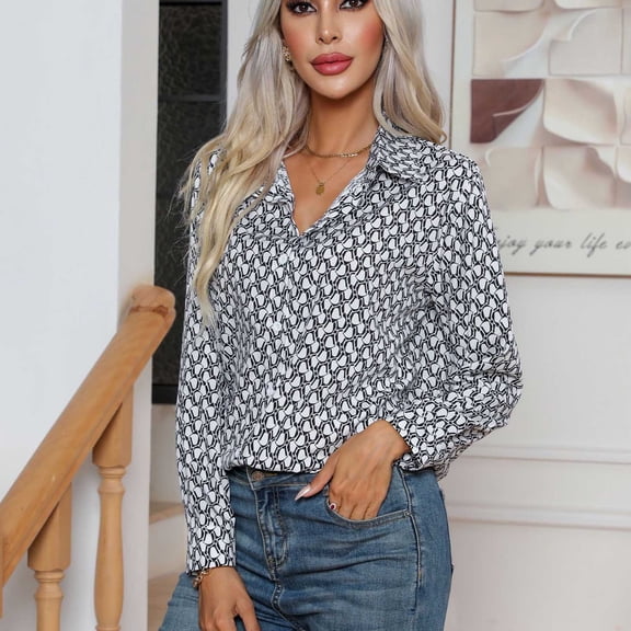 Njagoc3 Womens Collared Long Sleeve Shirt, Geometric Print, Loose Fit, Casual Fall & Winter Top