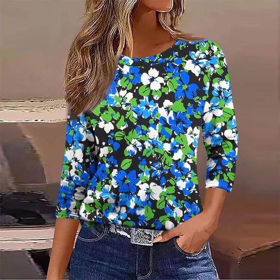 Njagoc3 Womens Color-Block Floral Print Crew-Neck Top, Soft Cotton Blend, 3/4 Sleeves, Summer Outdoor Events, Casual Errands & Beach Trips