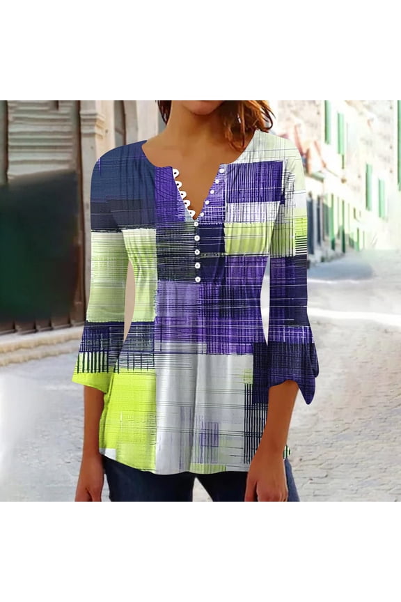 Womens Color-Block Patchwork V-Neck Flare Sleeve Top, Lightweight Linen Blend, 3/4 Sleeves, Summer Coastal Vacations, Beach Walks & Casual Errands