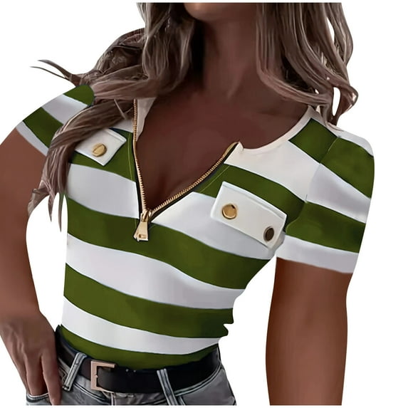 Njagoc3 Womens Color Block Striped V - Neck Top, Short Sleeve, Slim Fit, Trendy Summer & Spring Top