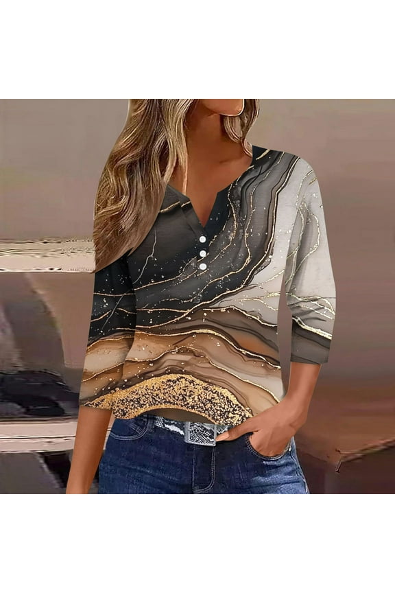 Womens Color-Block Striped V-Neck Top, Soft Cotton Blend, 3/4 Sleeves, Summer Office Casual, Coffee Runs & Weekend Gatherings