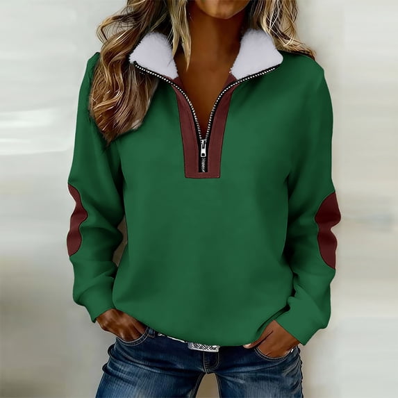 Njagoc3 Womens Colorblocked Semi-Zip Long Sleeve Turn-Down Collar Casual Sweatshirt Jacket Top