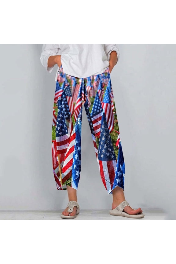 Womens Colorful Patriotic Print Harem Pants, Loose , Breathable Fabric, Casual Summer Beach & Party Wear