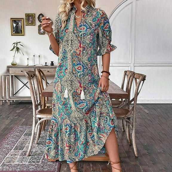 Njagoc3 Womens Colorful Vacation Bohemian Temperament Style Summer Print Seven Quarter Sleeve Lace Strap V-Neck Dress 2025