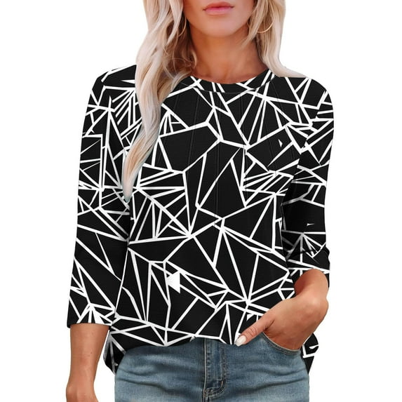 Njagoc3 Womens Crew Neck 3/4 Sleeve Blouse, Black - White Geometric Print Top, Edgy for Casual Gatherings
