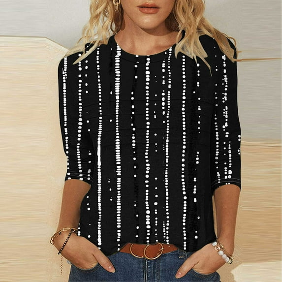 Njagoc3 Womens Crew Neck 3/4 Sleeve Blouse, Black - White Vertical Stripe Top, Chic for Office Days