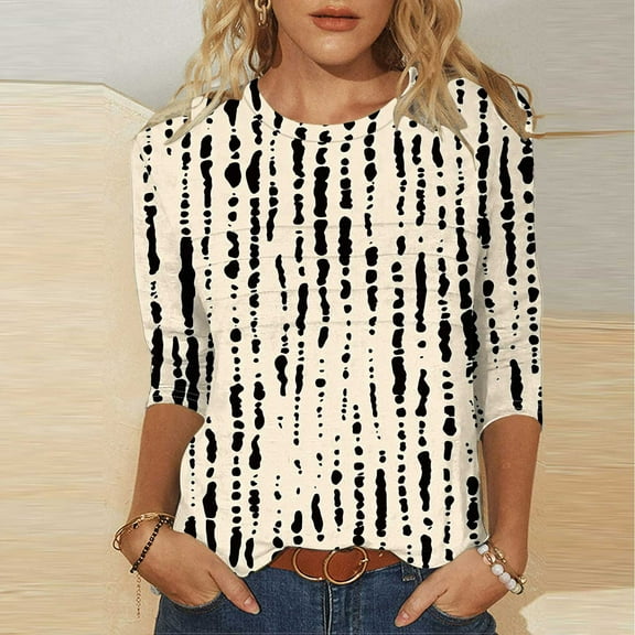 Njagoc3 Womens Crew Neck 3/4 Sleeve Top, Beige - Black Vertical Stripe Print Shirt, Classic for Weekend Strolls