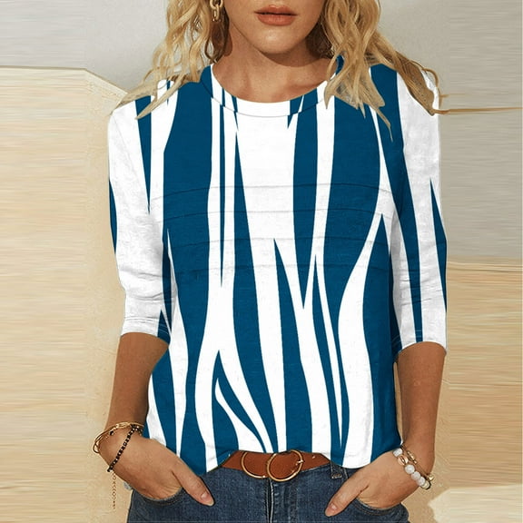 Njagoc3 Womens Crew Neck 3/4 Sleeve Top, Blue - White Stripe Print Shirt, Nautical for Summer Beach Trips