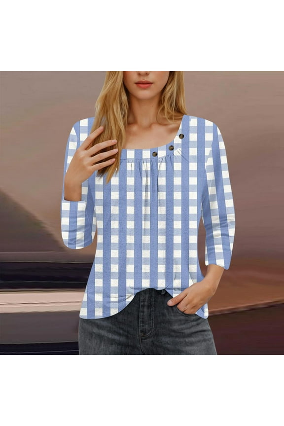 Womens Crew Neck 3/4 Sleeve Top, Gingham Print Flowy Blouse, Classic for Summer Picnics & Casual Outings