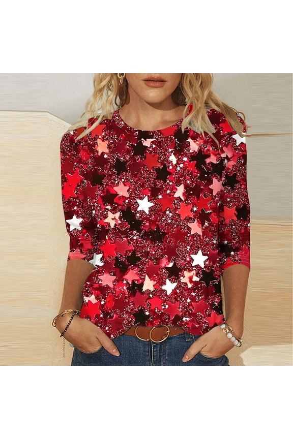 Womens Crew Neck 3/4 Sleeve Top, Red Star Print Loose Fit Blouse, Edgy for Summer Outdoor Concerts & Casual Outings