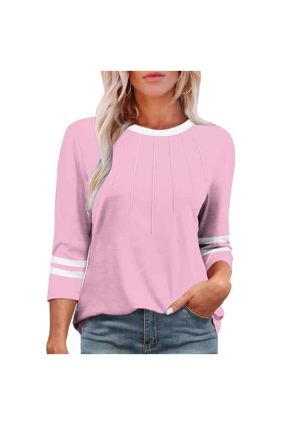 Womens Crew Neck Half - Sleeve Shirt, Bright Color Striped Cuff Top, Vibrant for Outdoor Events