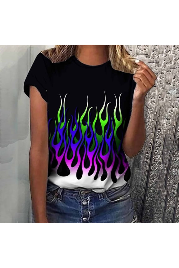 Womens Crewneck Short Sleeves Flame Printed Pattern Casual Tops Blouse Print Shirt