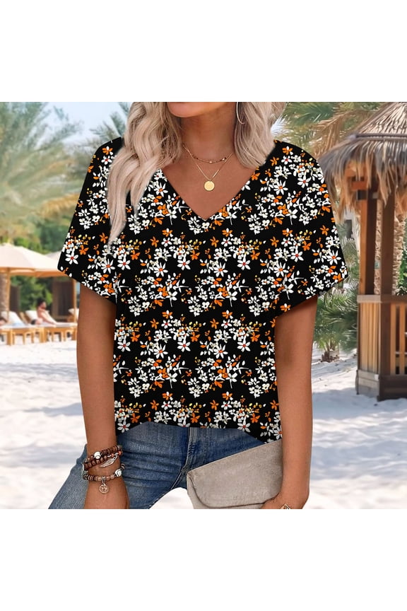 Womens Daisy Print V-Neck Tee Floral Pattern Breathable 2025 Spring Summer New Cotton Top