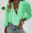 thumbnail image 1 of Njagoc3 Womens Deep V-Neck Ruffle Shirt, Neon Green, Long Sleeve, Trendy Summer & Fall Top, 1 of 6