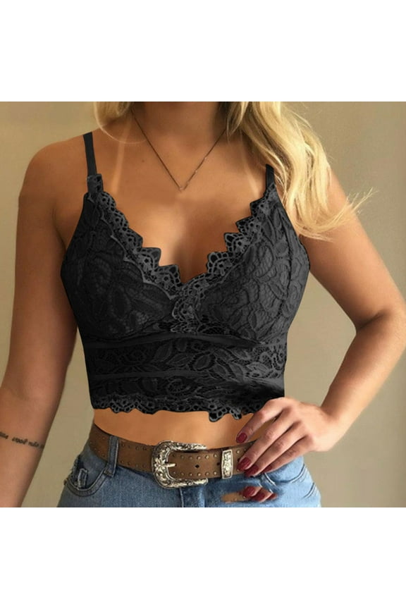 Womens Deep V-Neck Solid Color Lace Trimmed Bra Adjustable Spaghetti Straps Padded Spandex Blend for Everyday Comfort Camisole,Halter Neck & Spaghetti Strap