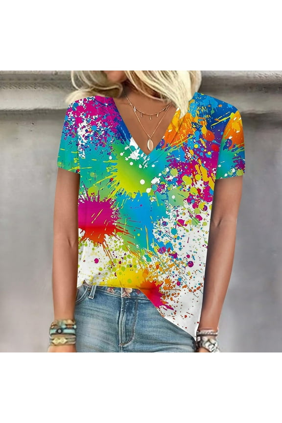 Womens Edgy Colorful Street Graffiti Print Round Neck Short Sleeve Top - Urban Fashion Statement