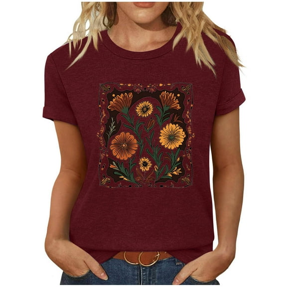 Njagoc3 Womens Elegant Wine Sunflower Print T-Shirt Soft Round Neck Short Sleeve Blouse S, M, L, XL, XXL, XXXL