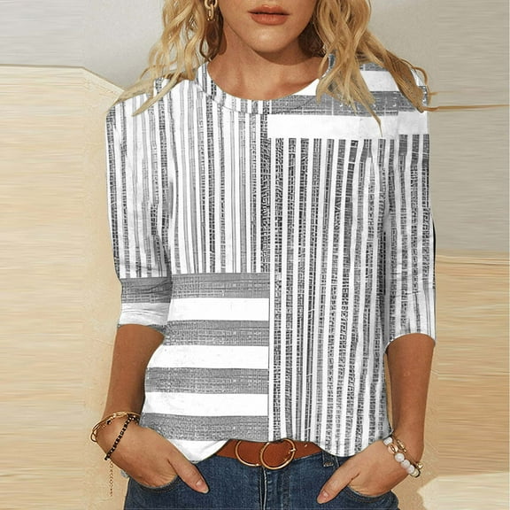 Njagoc3 Womens Fashion Printed T-shirt 3/4 Sleeves Blouse Round Neck Casual Blouse Tops