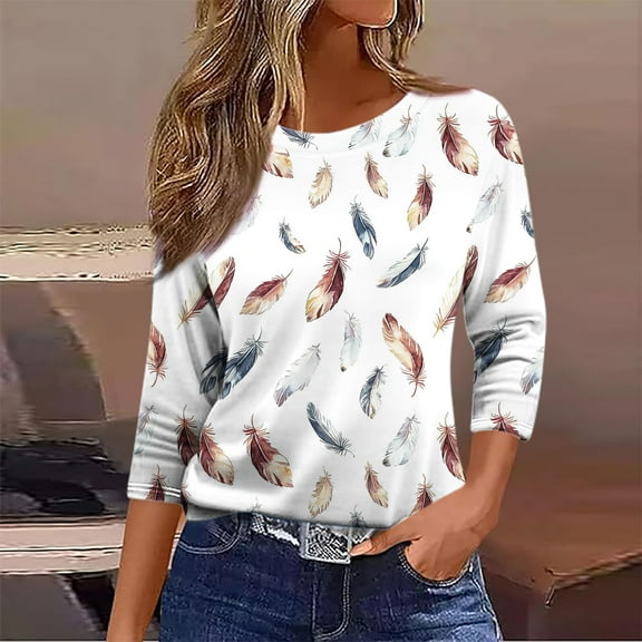 Njagoc3 Womens Feather Print 3/4 Sleeve Shirt, Loose Fit, Soft Fabric, Casual Summer Brunch & Garden Wear