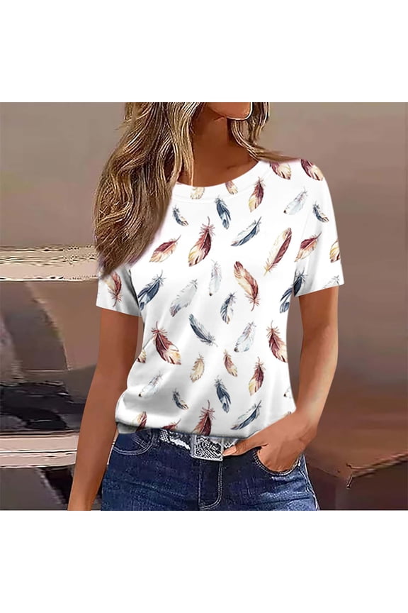 Womens Feather Print Top, Short Sleeve, Loose Fit, Casual Summer & Spring Top