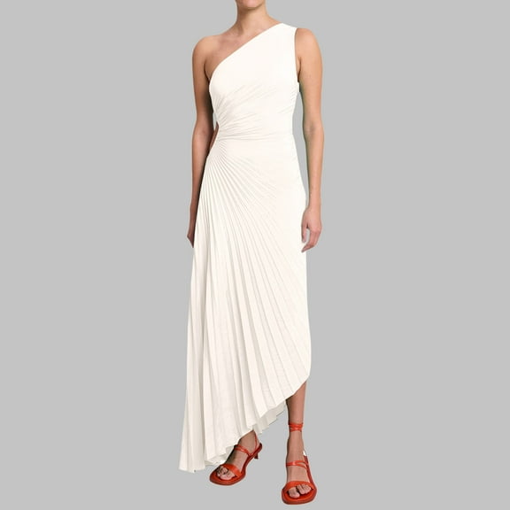 Njagoc3 Womens Fitted One-Shoulder Asymmetrical Neckline Pleated Cutout Detail Elegant Maxi Dress for Formal Occasions & Evening Chic