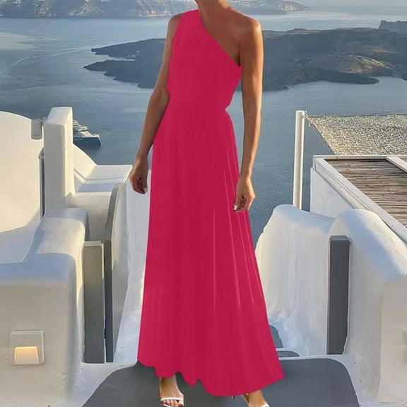 Njagoc3 Womens Fitted Sleeveless One-Shoulder Waist-Cinched Detail Solid Color Elegant Maxi Dress for Summer Daily & Formal Occasions
