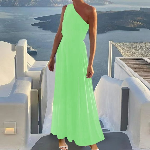 Njagoc3 Womens Fitted Sleeveless One-Shoulder Waist-Cinched Detail Solid Color Elegant Maxi Dress for Summer Daily & Formal Occasions