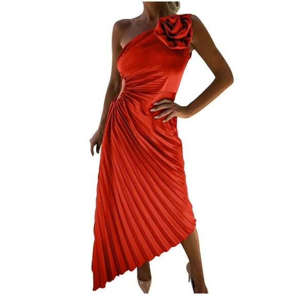 Njagoc3 Womens Fitted Sleeveless Solid Color Cutout Pleated Asymmetrical Detail Elegant Maxi Dress for Formal Events & Stage Performance