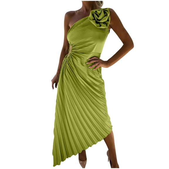 Njagoc3 Womens Fitted Sleeveless Solid Color Cutout Pleated Asymmetrical Detail Elegant Maxi Dress for Formal Events & Stage Performance