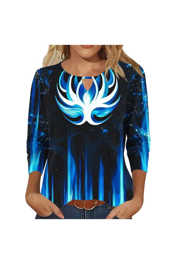 Womens Flame Print Crew-Neck Top, Lightweight Polyester, 3/4 Sleeves, Summer Music Festivals, Casual Hangouts & Outdoor Events