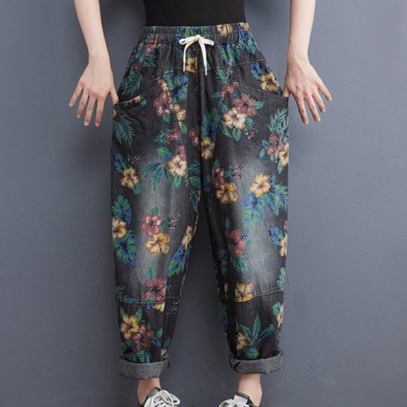 Njagoc3 Womens Floral Print Jogger Pants | Elastic Waist with Drawstring Closure | Casual Loungewear with Side Pockets | Breathable Cotton Blend for Spring/Summer