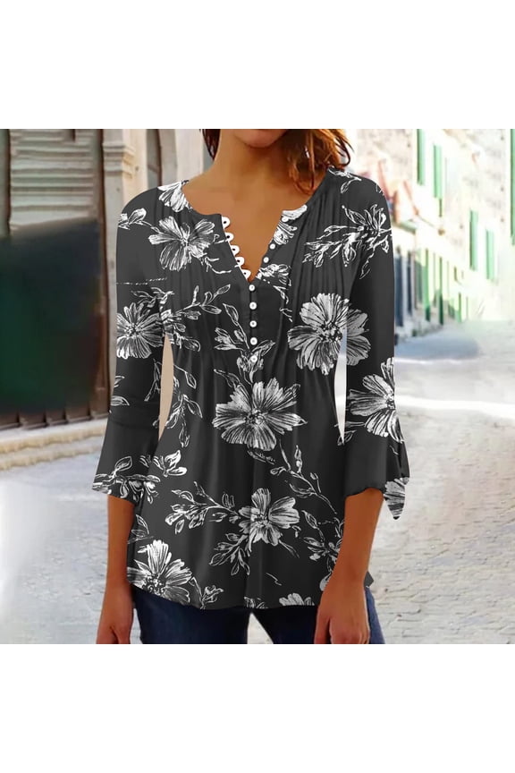 Womens Floral Print V-Neck Flare Sleeve Top, Lightweight Cotton Blend, 3/4 Sleeves, Summer Garden Parties, Casual Gatherings & Beach Days